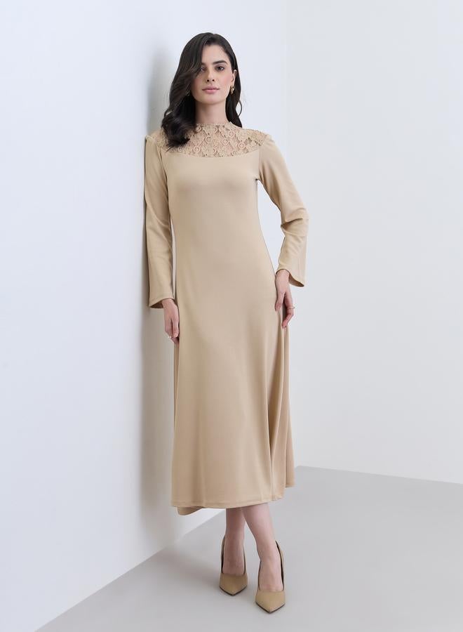 Women Beige Lace Detail Long Sleeves Midi Dress